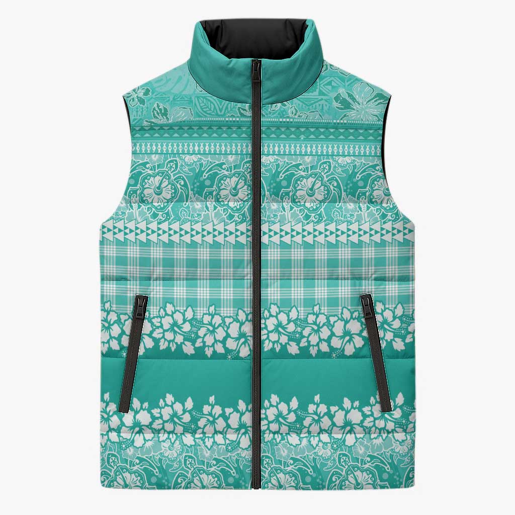 Hawaiian Hibiscus Honu Sleeveless Puffer Jacket Turquoise Mele Kalikimaka Palaka Spirit - Polynesian Pride
