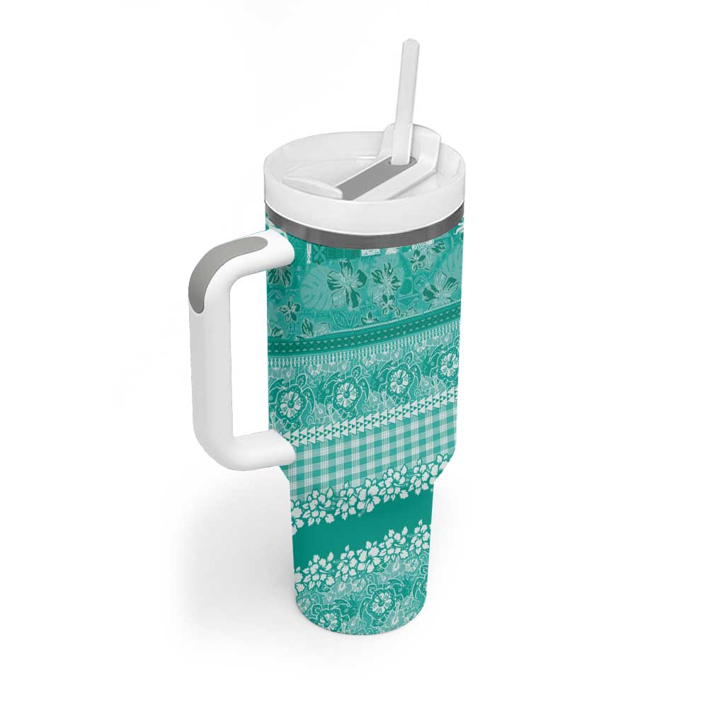 Hawaiian Hibiscus Honu Tumbler With Handle Turquoise Mele Kalikimaka Palaka Spirit - Polynesian Pride