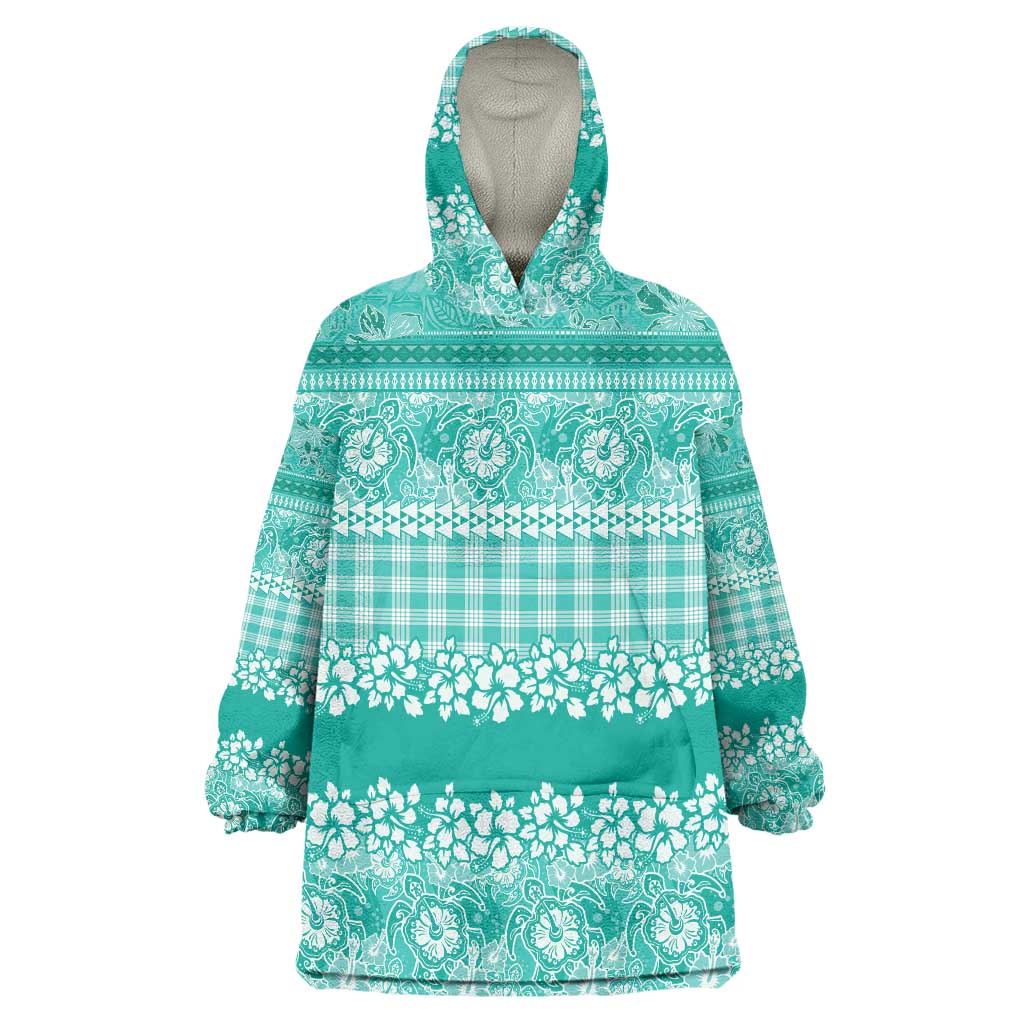 Hawaiian Hibiscus Honu Wearable Blanket Hoodie Turquoise Mele Kalikimaka Palaka Spirit - Polynesian Pride