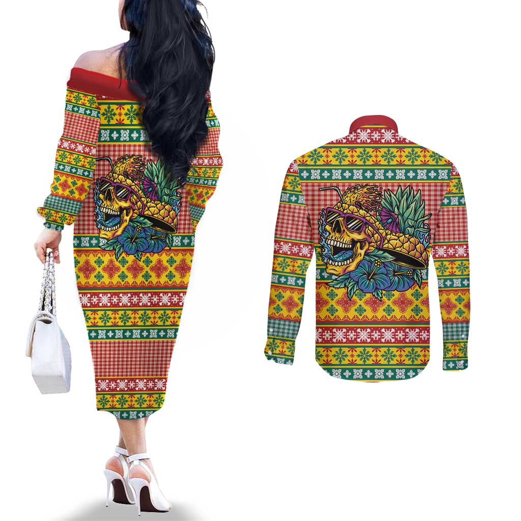 Hawaiian Pineapples Skull Couples Matching Off The Shoulder Long Sleeve Dress and Long Sleeve Button Shirt Mele Kalikimaka Palaka Quilt Pattern - Polynesian Pride