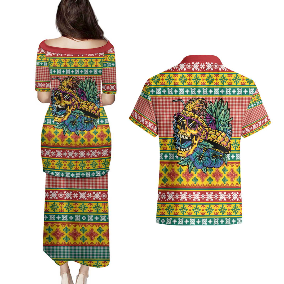 Hawaiian Pineapples Skull Couples Matching Puletasi and Hawaiian Shirt Mele Kalikimaka Palaka Quilt Pattern - Polynesian Pride