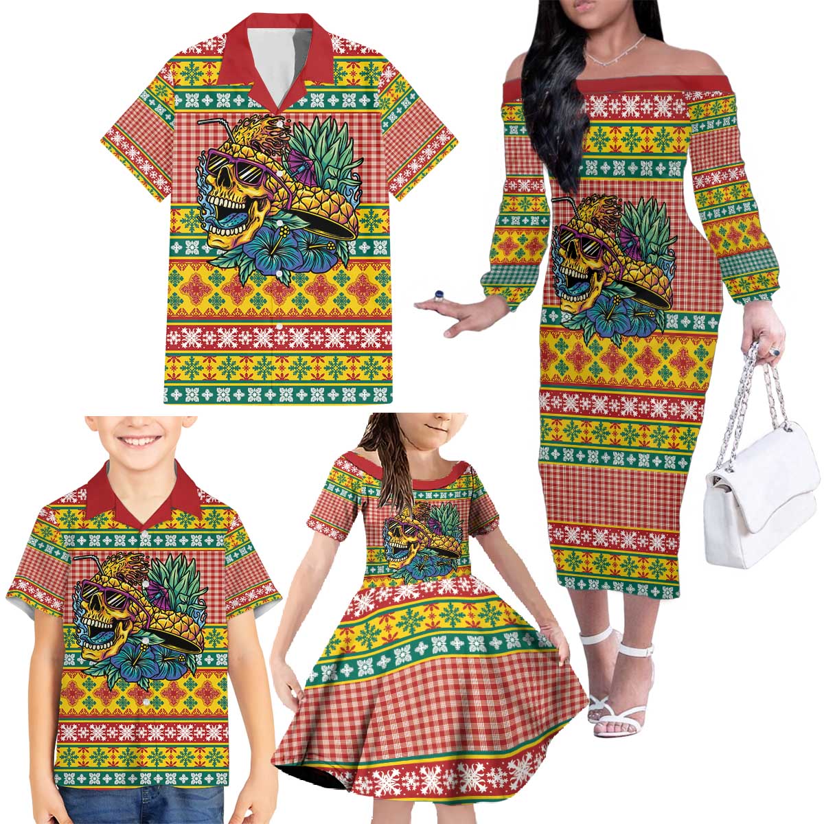 Hawaiian Pineapples Skull Family Matching Off The Shoulder Long Sleeve Dress and Hawaiian Shirt Mele Kalikimaka Palaka Quilt Pattern - Polynesian Pride
