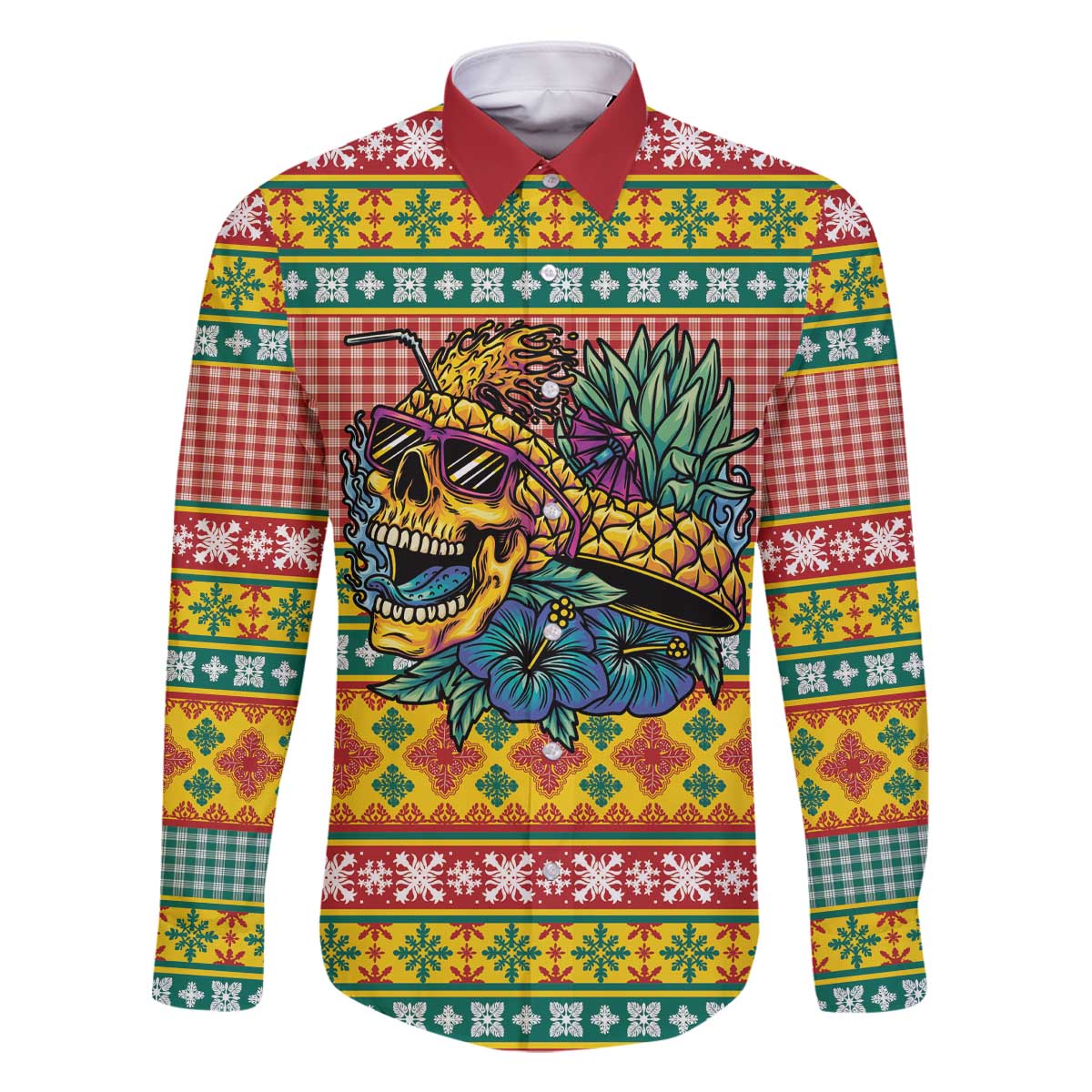 Hawaiian Pineapples Skull Family Matching Off The Shoulder Long Sleeve Dress and Hawaiian Shirt Mele Kalikimaka Palaka Quilt Pattern - Polynesian Pride