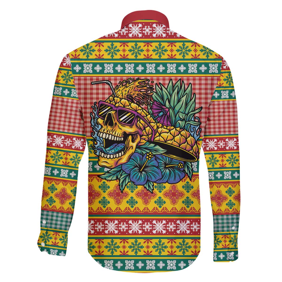 Hawaiian Pineapples Skull Family Matching Off The Shoulder Long Sleeve Dress and Hawaiian Shirt Mele Kalikimaka Palaka Quilt Pattern - Polynesian Pride