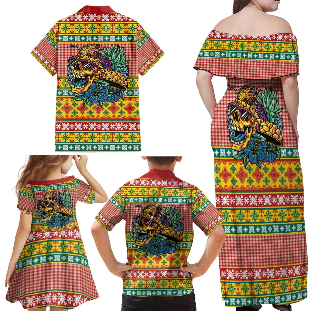 Hawaiian Pineapples Skull Family Matching Off Shoulder Maxi Dress and Hawaiian Shirt Mele Kalikimaka Palaka Quilt Pattern - Polynesian Pride