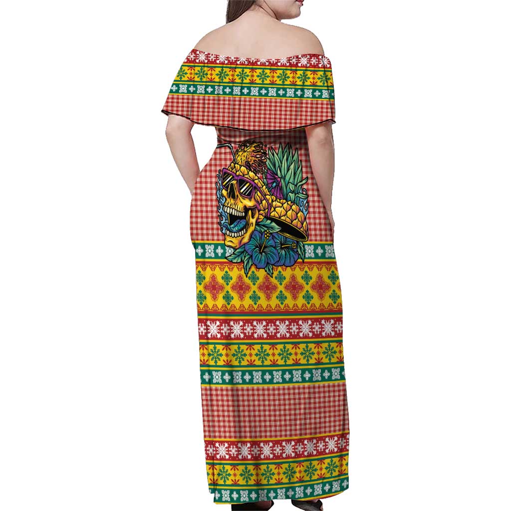 Hawaiian Pineapples Skull Family Matching Off Shoulder Maxi Dress and Hawaiian Shirt Mele Kalikimaka Palaka Quilt Pattern - Polynesian Pride