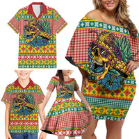 Hawaiian Pineapples Skull Family Matching Off Shoulder Short Dress and Hawaiian Shirt Mele Kalikimaka Palaka Quilt Pattern - Polynesian Pride