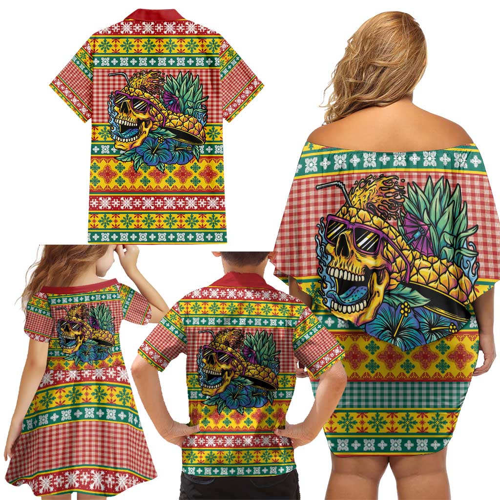 Hawaiian Pineapples Skull Family Matching Off Shoulder Short Dress and Hawaiian Shirt Mele Kalikimaka Palaka Quilt Pattern - Polynesian Pride