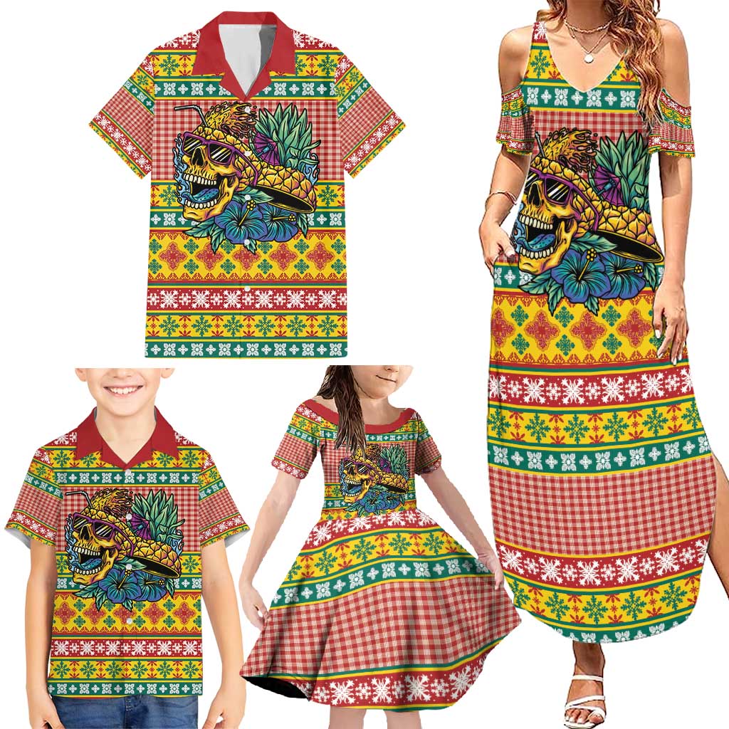 Hawaiian Pineapples Skull Family Matching Summer Maxi Dress and Hawaiian Shirt Mele Kalikimaka Palaka Quilt Pattern - Polynesian Pride