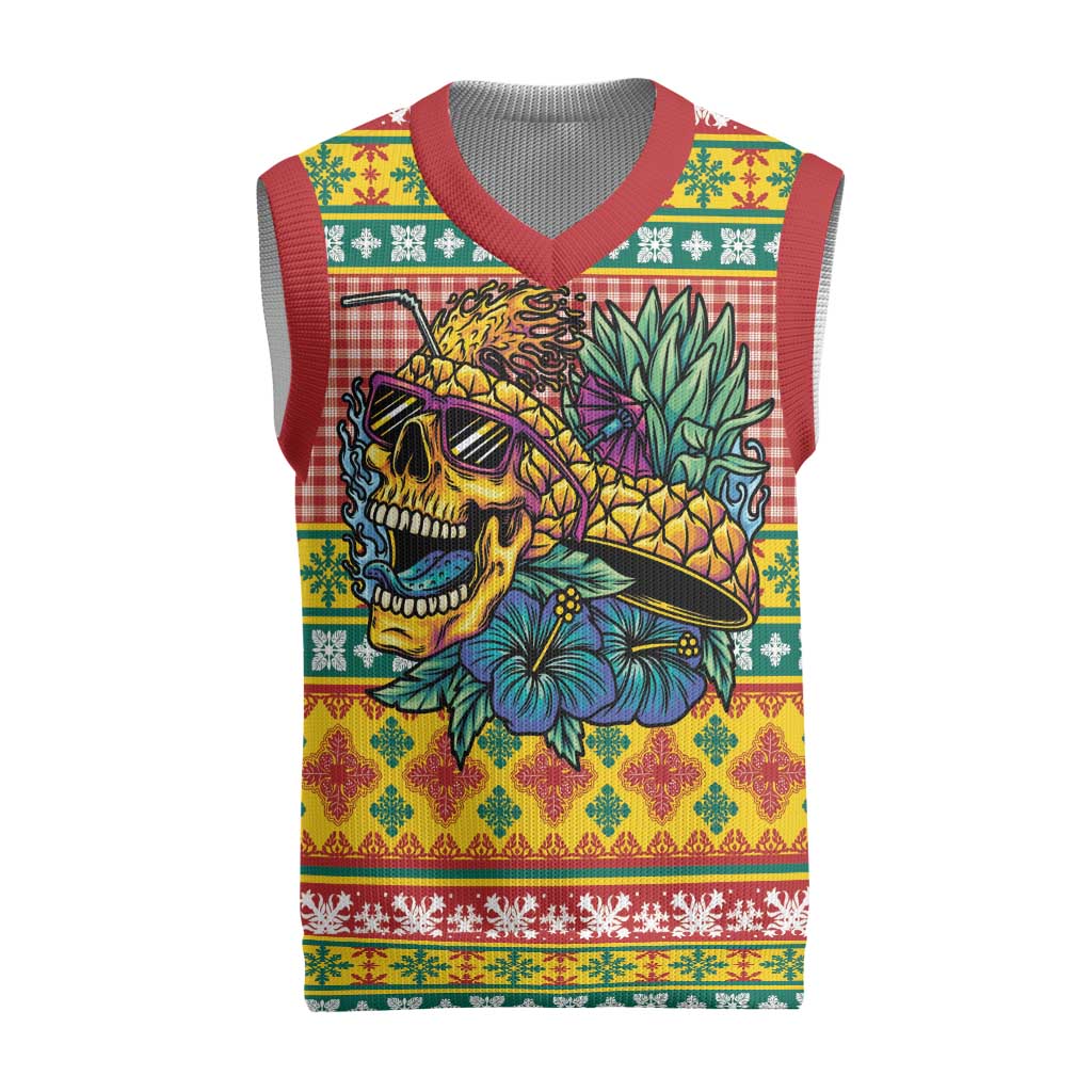 Hawaiian Pineapples Skull Christmas Knitted V-Neck Vest Mele Kalikimaka Palaka Quilt Pattern - Polynesian Pride