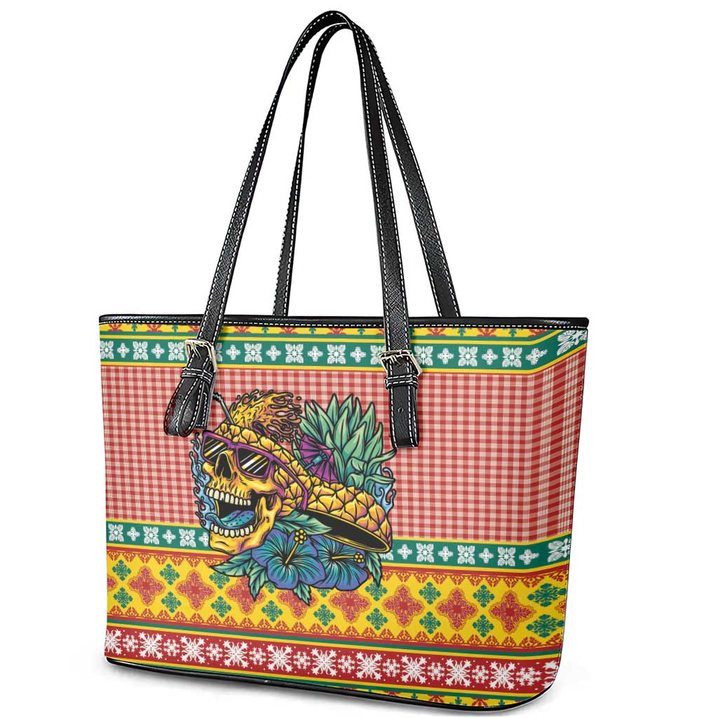 Hawaiian Pineapples Skull Leather Tote Bag Mele Kalikimaka Palaka Quilt Pattern - Polynesian Pride