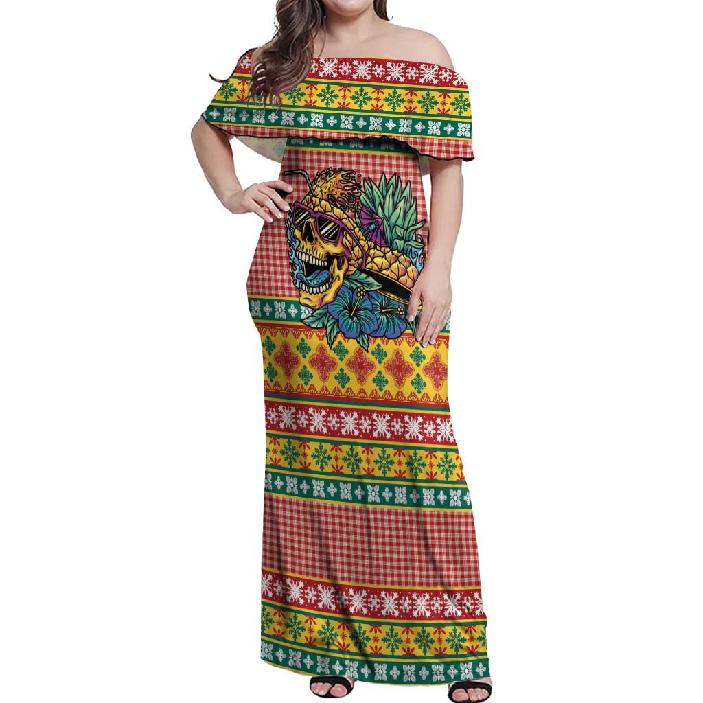 Hawaiian Pineapples Skull Off Shoulder Maxi Dress Mele Kalikimaka Palaka Quilt Pattern - Polynesian Pride