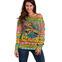 Hawaiian Pineapples Skull Off Shoulder Sweater Mele Kalikimaka Palaka Quilt Pattern - Polynesian Pride