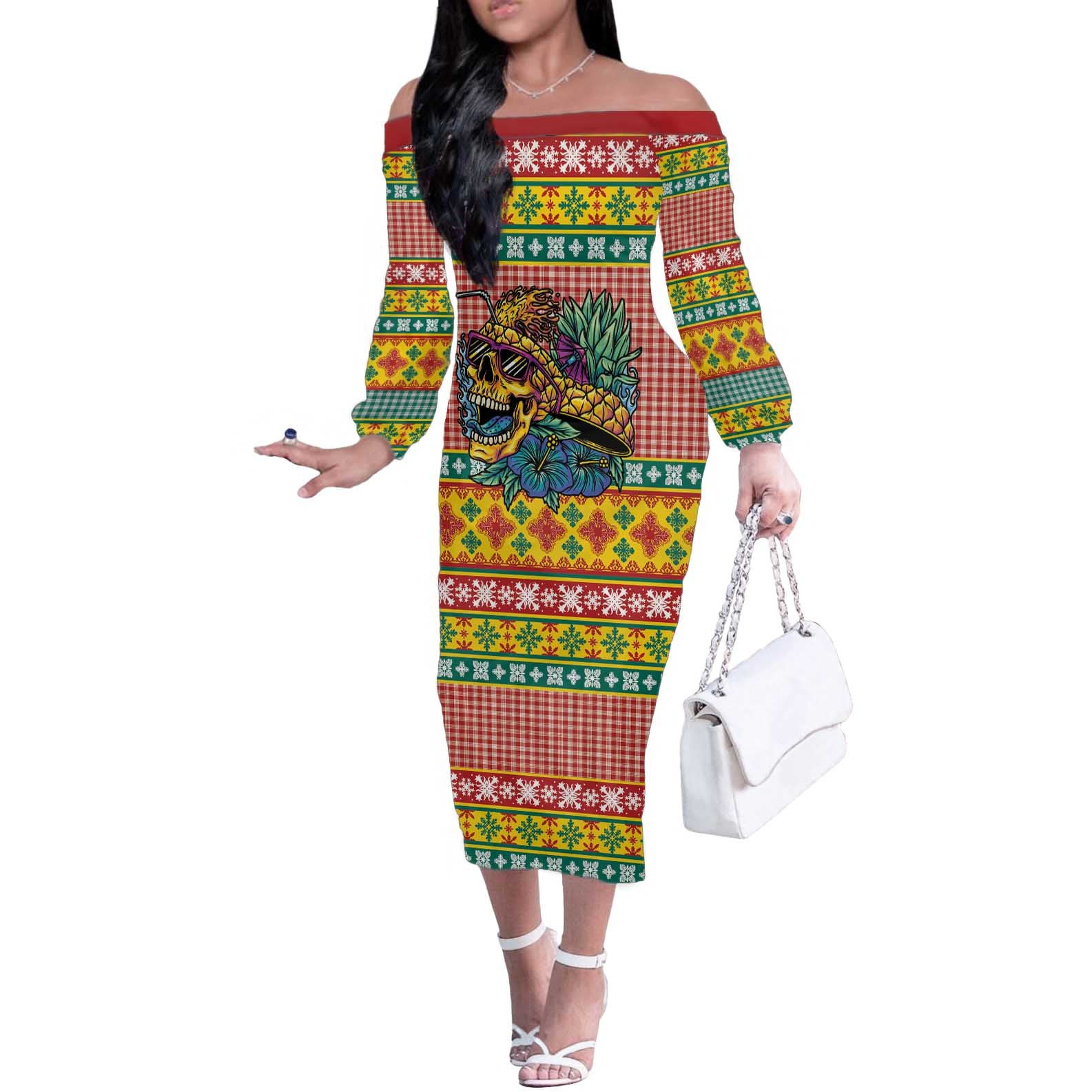 Hawaiian Pineapples Skull Off The Shoulder Long Sleeve Dress Mele Kalikimaka Palaka Quilt Pattern - Polynesian Pride