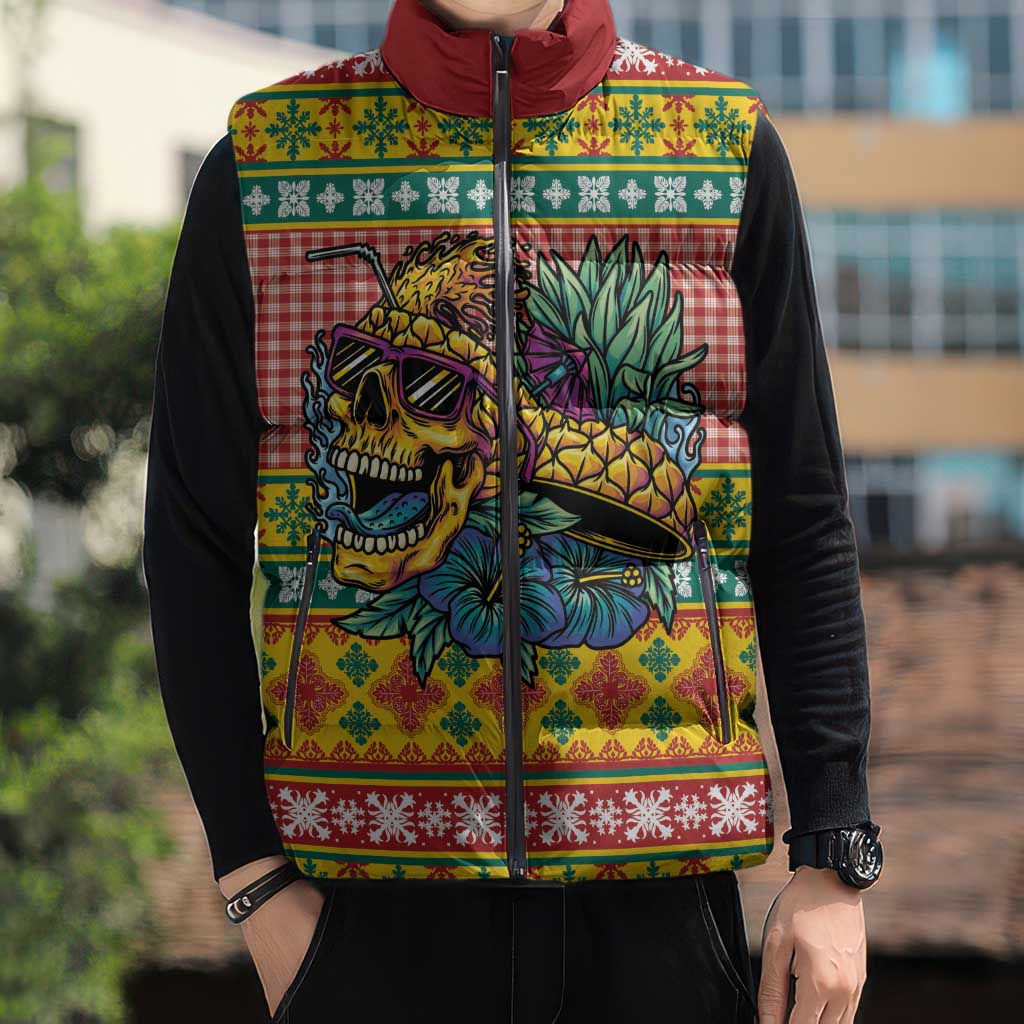 Hawaiian Pineapples Skull Sleeveless Puffer Jacket Mele Kalikimaka Palaka Quilt Pattern - Polynesian Pride