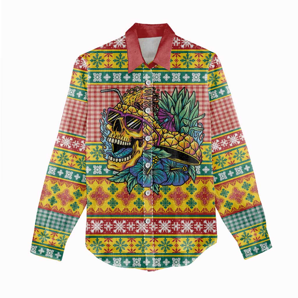 Hawaiian Pineapples Skull Women Casual Shirt Mele Kalikimaka Palaka Quilt Pattern - Polynesian Pride