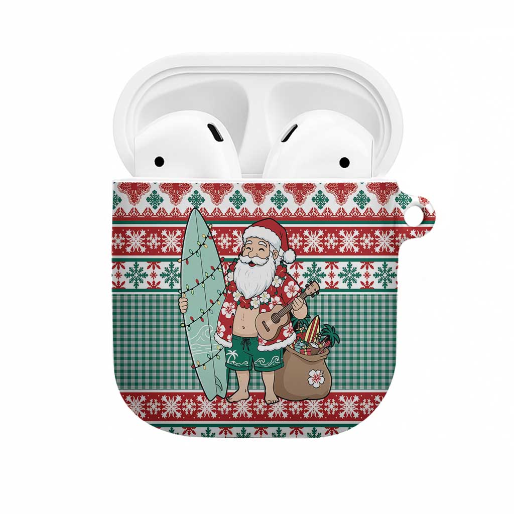 Hawaiian Funny Santa Surf AirPods Case Mele Kalikimaka Palaka Quilt Pattern - Polynesian Pride