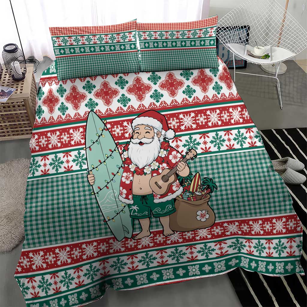 Hawaiian Funny Santa Surf Bedding Set Mele Kalikimaka Palaka Quilt Pattern - Polynesian Pride