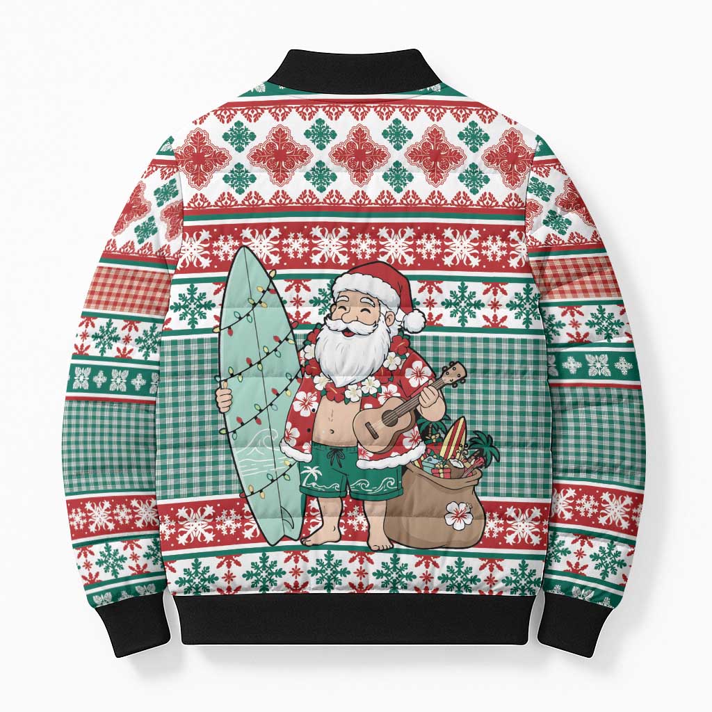 Hawaiian Funny Santa Surf Bomber Puffer Jacket Mele Kalikimaka Palaka Quilt Pattern - Polynesian Pride