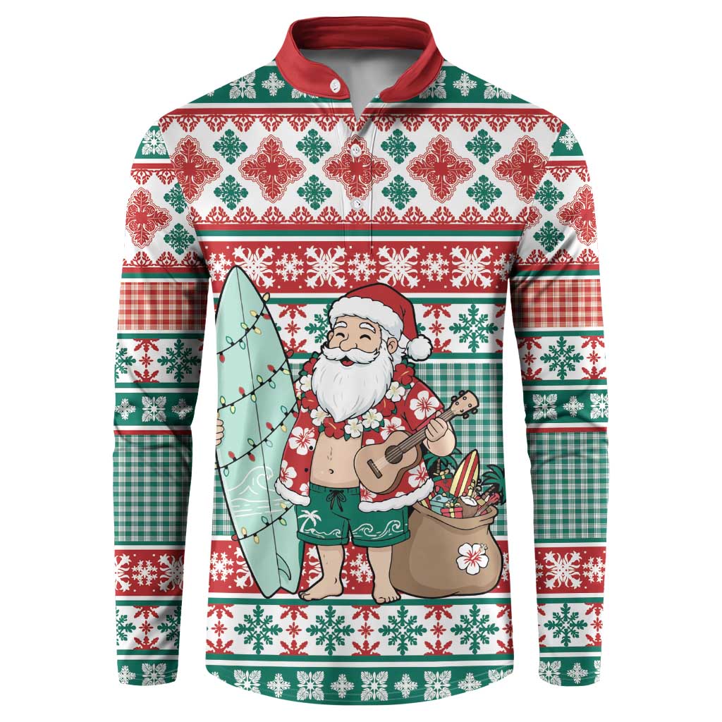 Hawaiian Funny Santa Surf Button Sweatshirt Mele Kalikimaka Palaka Quilt Pattern - Polynesian Pride