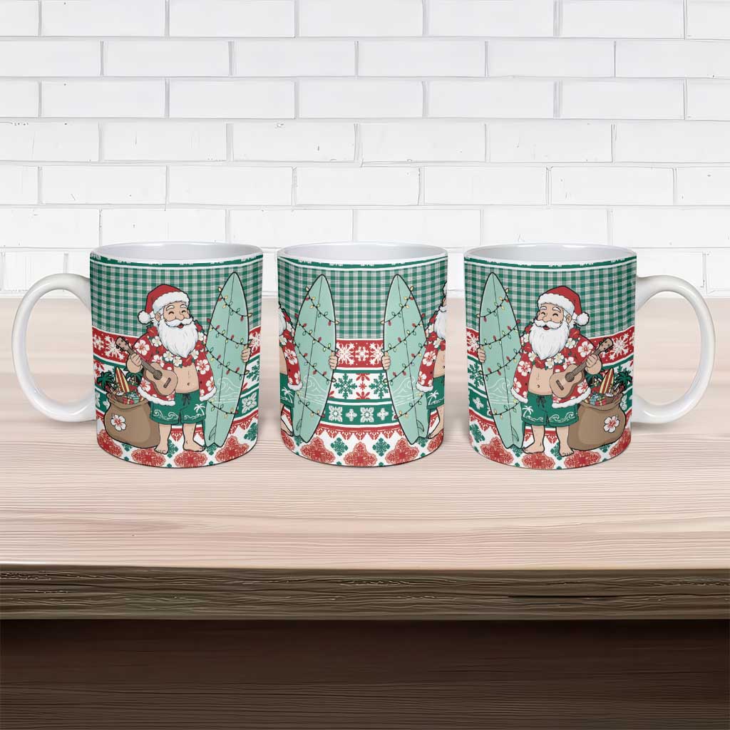 Hawaiian Funny Santa Surf Ceramic Mug Mele Kalikimaka Palaka Quilt Pattern - Polynesian Pride
