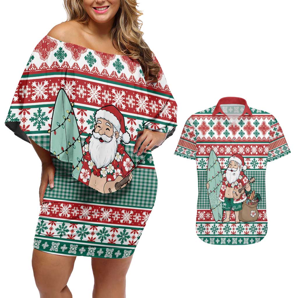 Hawaiian Funny Santa Surf Couples Matching Off Shoulder Short Dress and Hawaiian Shirt Mele Kalikimaka Palaka Quilt Pattern - Polynesian Pride