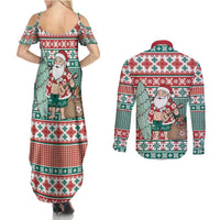 Hawaiian Funny Santa Surf Couples Matching Summer Maxi Dress and Long Sleeve Button Shirt Mele Kalikimaka Palaka Quilt Pattern - Polynesian Pride