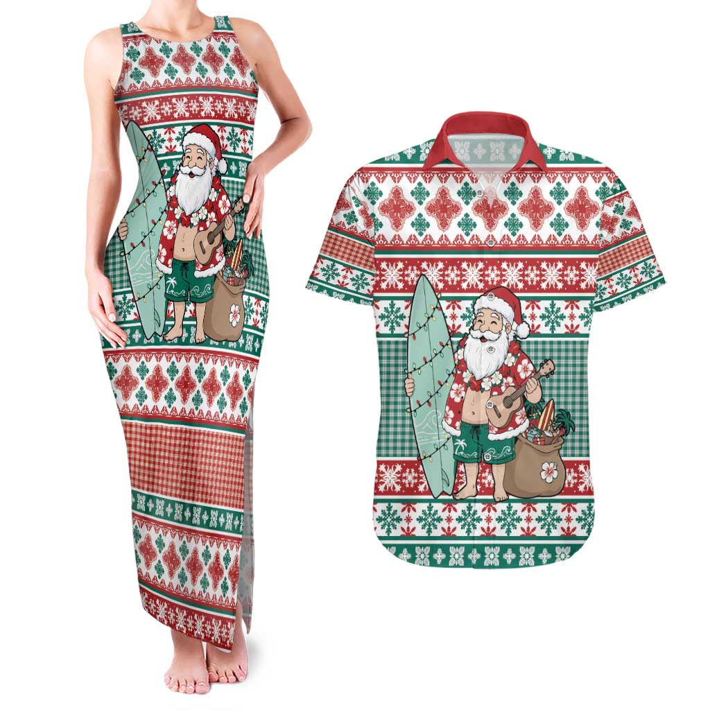 Hawaiian Funny Santa Surf Couples Matching Tank Maxi Dress and Hawaiian Shirt Mele Kalikimaka Palaka Quilt Pattern - Polynesian Pride