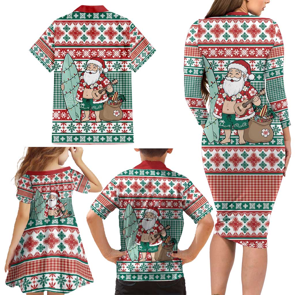 Hawaiian Funny Santa Surf Family Matching Long Sleeve Bodycon Dress and Hawaiian Shirt Mele Kalikimaka Palaka Quilt Pattern - Polynesian Pride