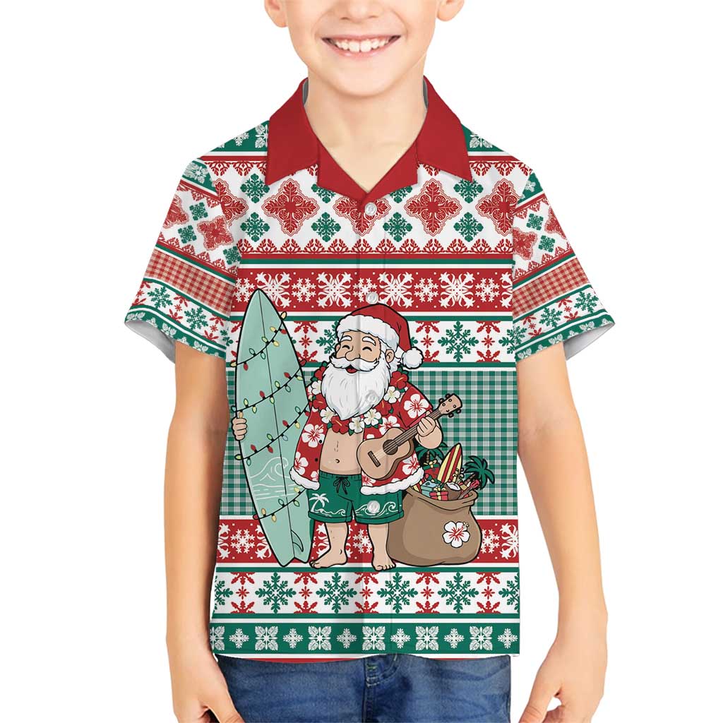 Hawaiian Funny Santa Surf Family Matching Long Sleeve Bodycon Dress and Hawaiian Shirt Mele Kalikimaka Palaka Quilt Pattern - Polynesian Pride