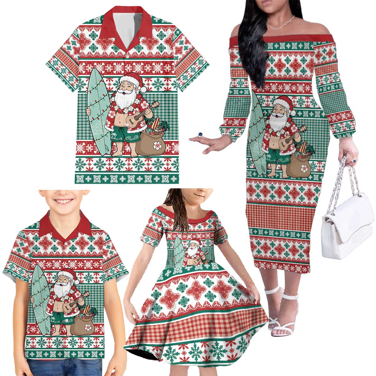 Hawaiian Funny Santa Surf Family Matching Off The Shoulder Long Sleeve Dress and Hawaiian Shirt Mele Kalikimaka Palaka Quilt Pattern - Polynesian Pride