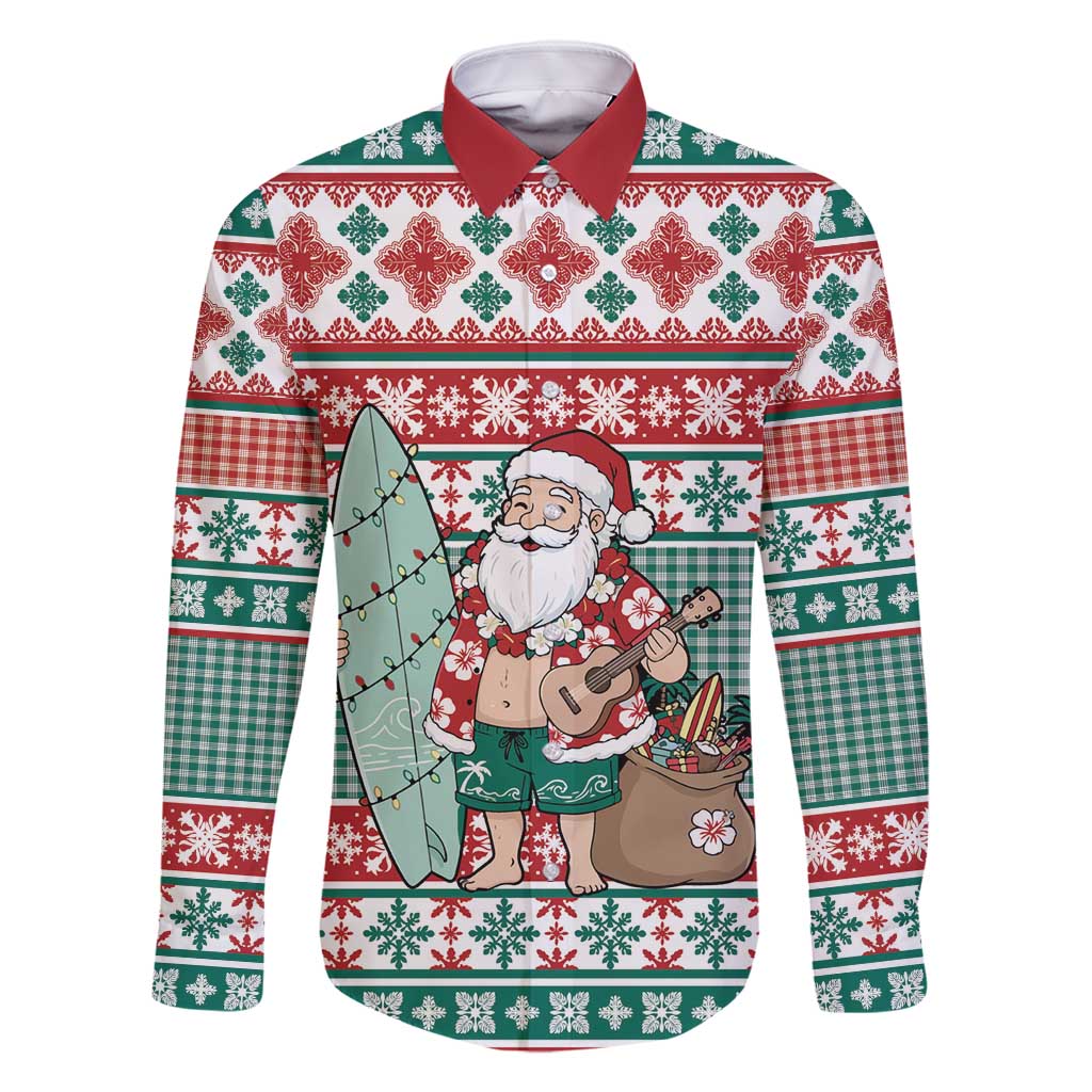 Hawaiian Funny Santa Surf Family Matching Off Shoulder Maxi Dress and Hawaiian Shirt Mele Kalikimaka Palaka Quilt Pattern - Polynesian Pride