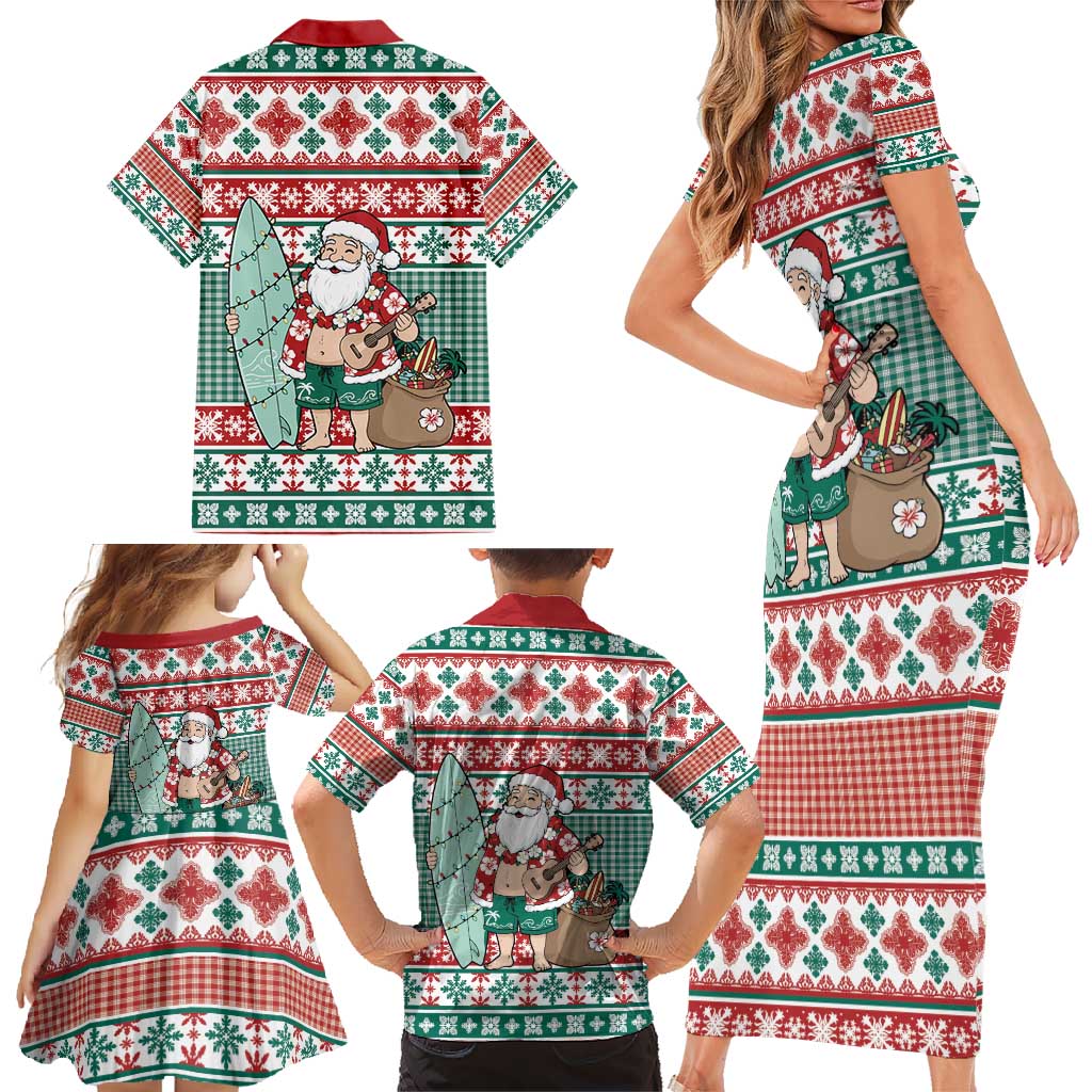 Hawaiian Funny Santa Surf Family Matching Short Sleeve Bodycon Dress and Hawaiian Shirt Mele Kalikimaka Palaka Quilt Pattern - Polynesian Pride