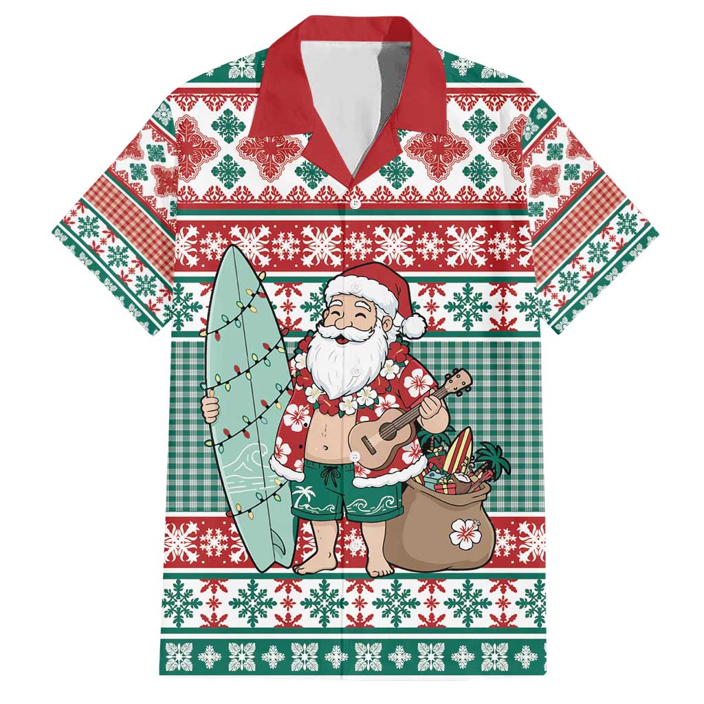 Hawaiian Funny Santa Surf Family Matching Short Sleeve Bodycon Dress and Hawaiian Shirt Mele Kalikimaka Palaka Quilt Pattern - Polynesian Pride