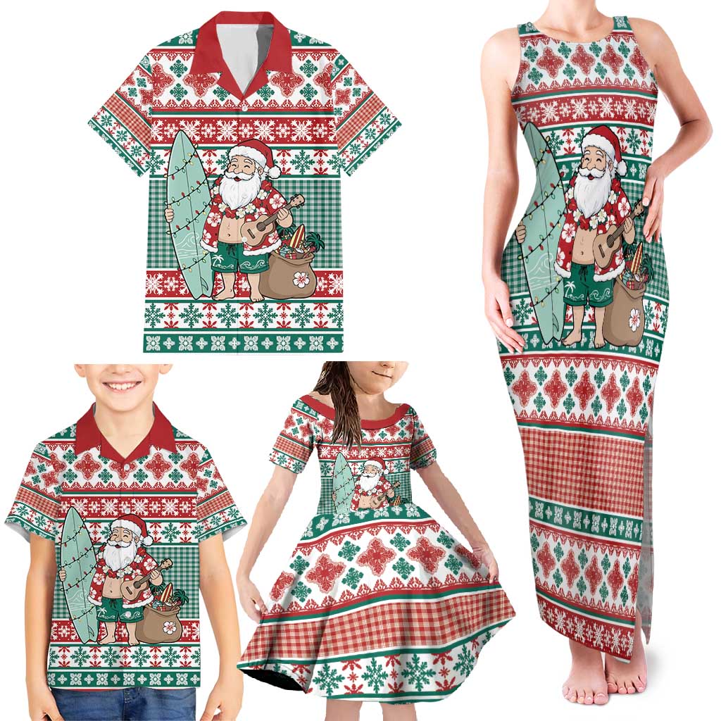 Hawaiian Funny Santa Surf Family Matching Tank Maxi Dress and Hawaiian Shirt Mele Kalikimaka Palaka Quilt Pattern - Polynesian Pride
