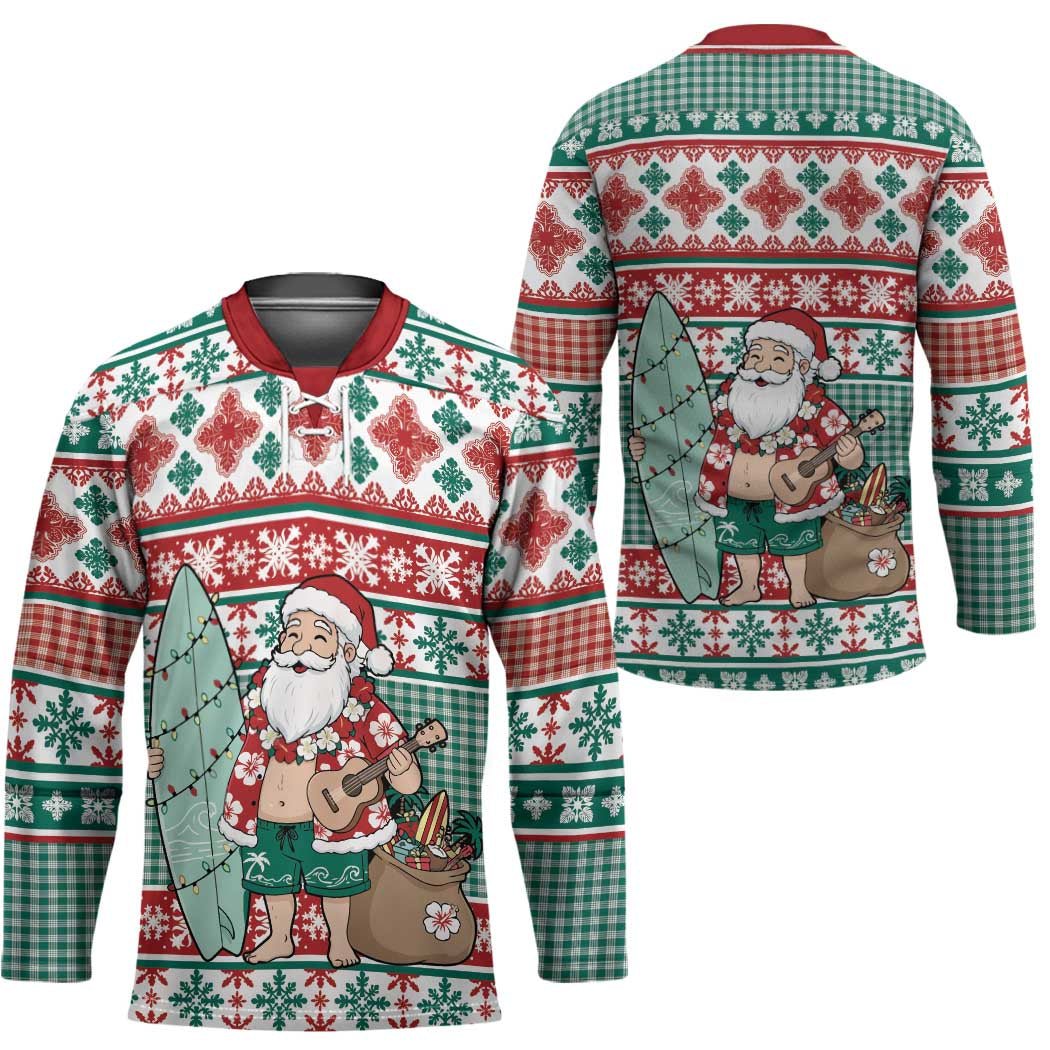 Hawaiian Funny Santa Surf Hockey Jersey Mele Kalikimaka Palaka Quilt Pattern - Polynesian Pride