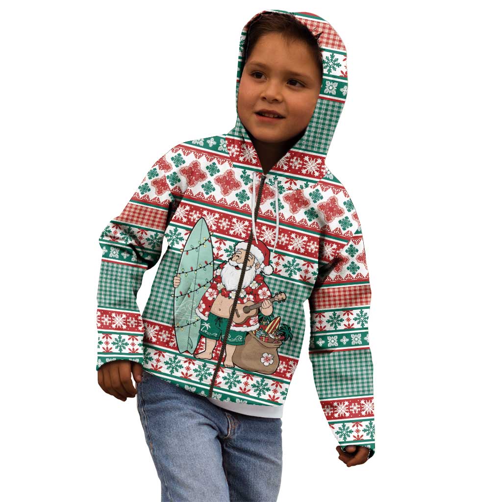 Hawaiian Funny Santa Surf Kid Hoodie Mele Kalikimaka Palaka Quilt Pattern - Polynesian Pride