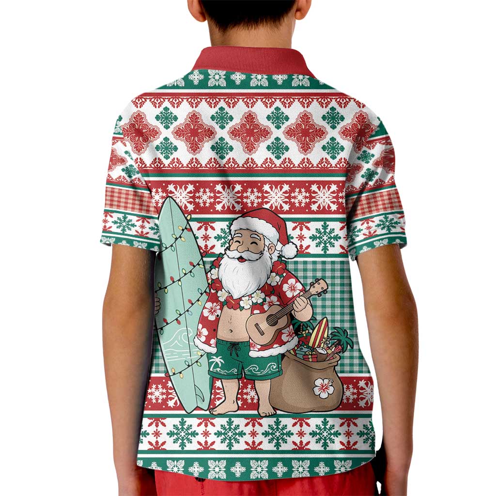 Hawaiian Funny Santa Surf Kid Polo Shirt Mele Kalikimaka Palaka Quilt Pattern - Polynesian Pride
