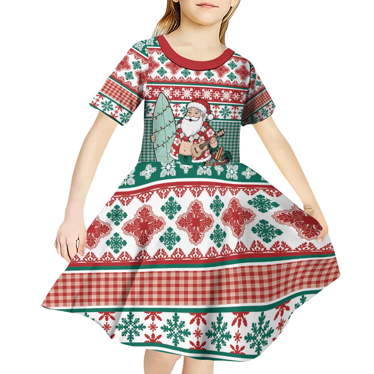 Hawaiian Funny Santa Surf Kid Short Sleeve Dress Mele Kalikimaka Palaka Quilt Pattern - Polynesian Pride