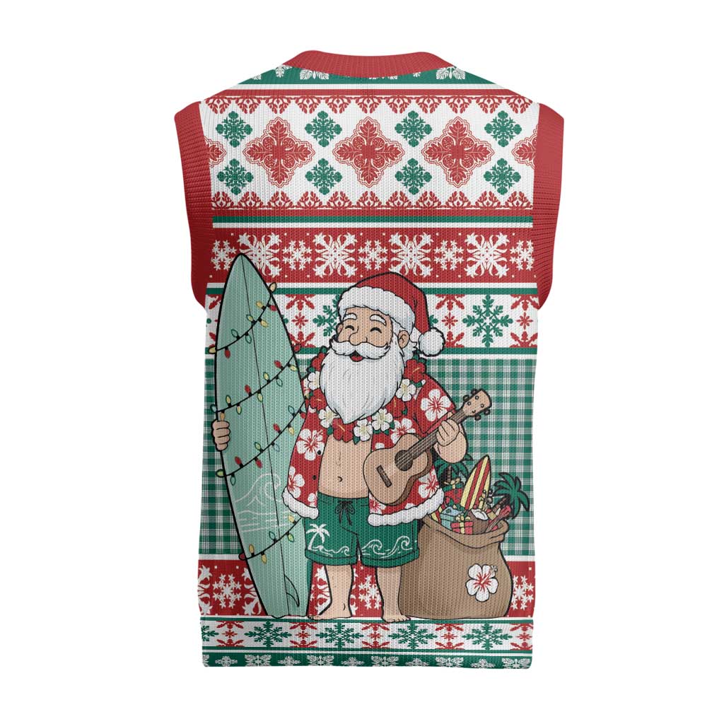 Hawaiian Funny Santa Surf Christmas Knitted V-Neck Vest Mele Kalikimaka Palaka Quilt Pattern - Polynesian Pride