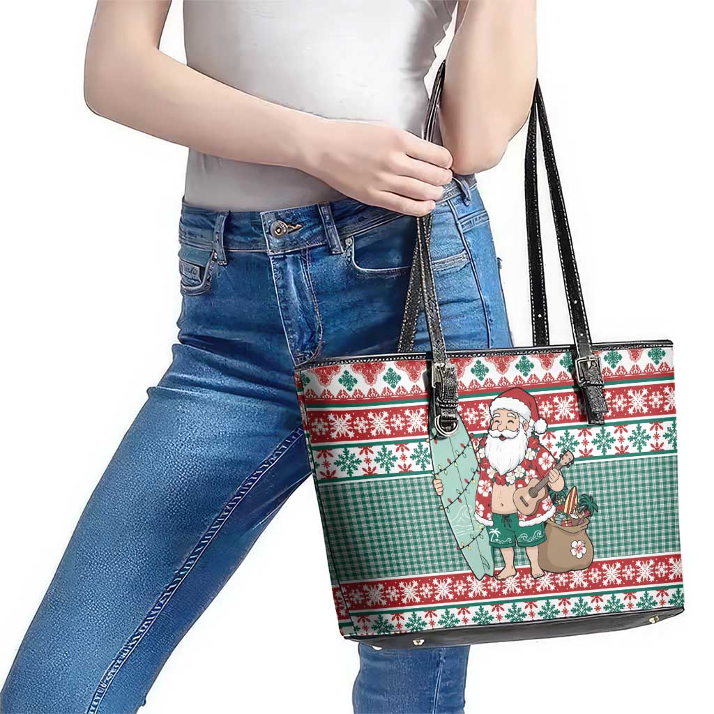 Hawaiian Funny Santa Surf Leather Tote Bag Mele Kalikimaka Palaka Quilt Pattern - Polynesian Pride