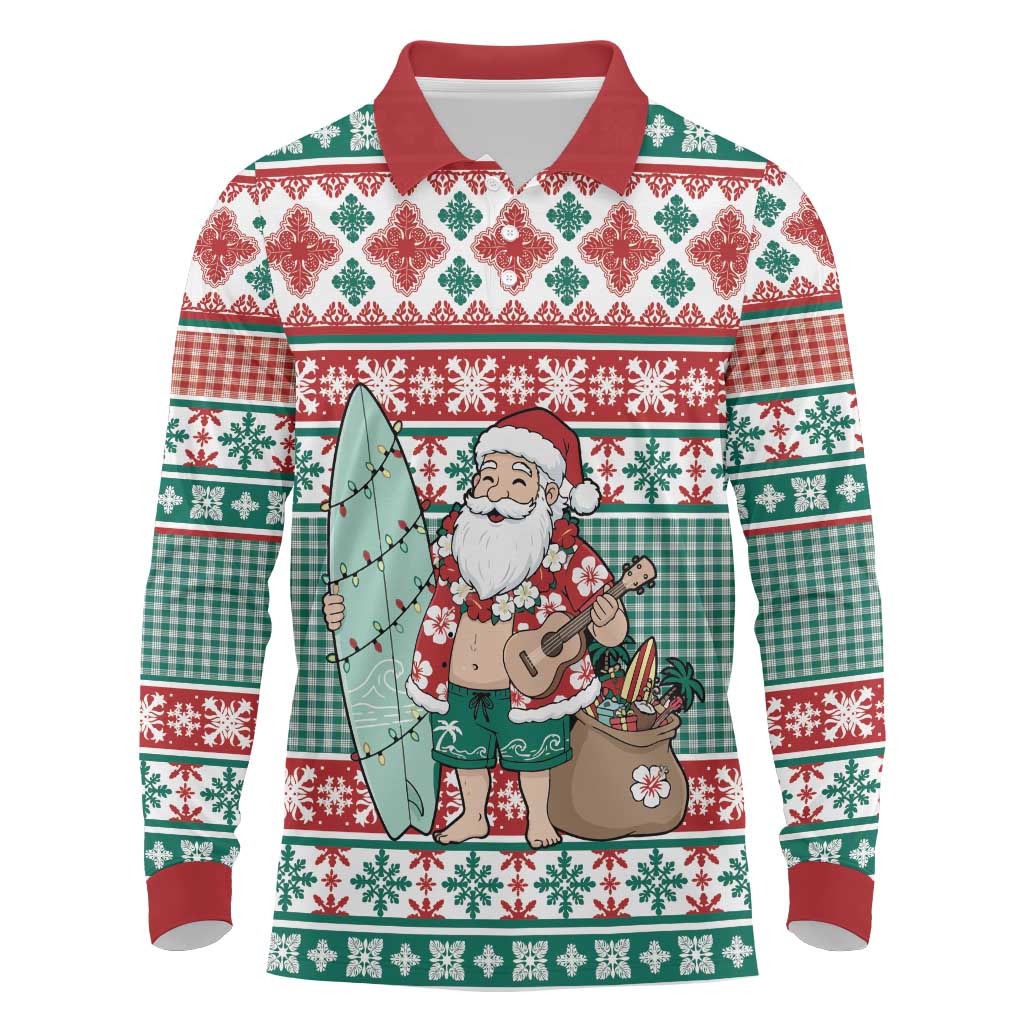 Hawaiian Funny Santa Surf Long Sleeve Polo Shirt Mele Kalikimaka Palaka Quilt Pattern - Polynesian Pride