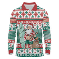 Hawaiian Funny Santa Surf Long Sleeve Polo Shirt Mele Kalikimaka Palaka Quilt Pattern - Polynesian Pride