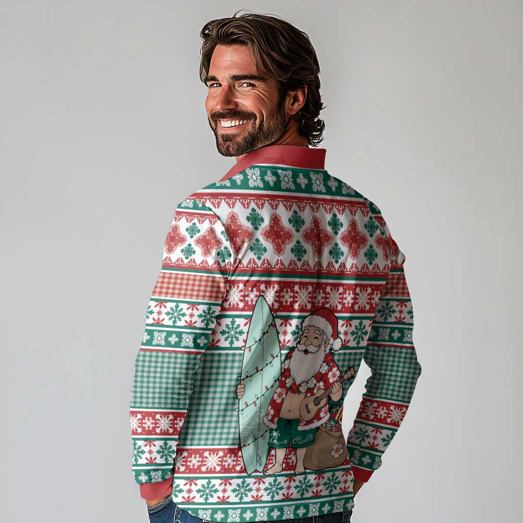 Hawaiian Funny Santa Surf Long Sleeve Polo Shirt Mele Kalikimaka Palaka Quilt Pattern - Polynesian Pride