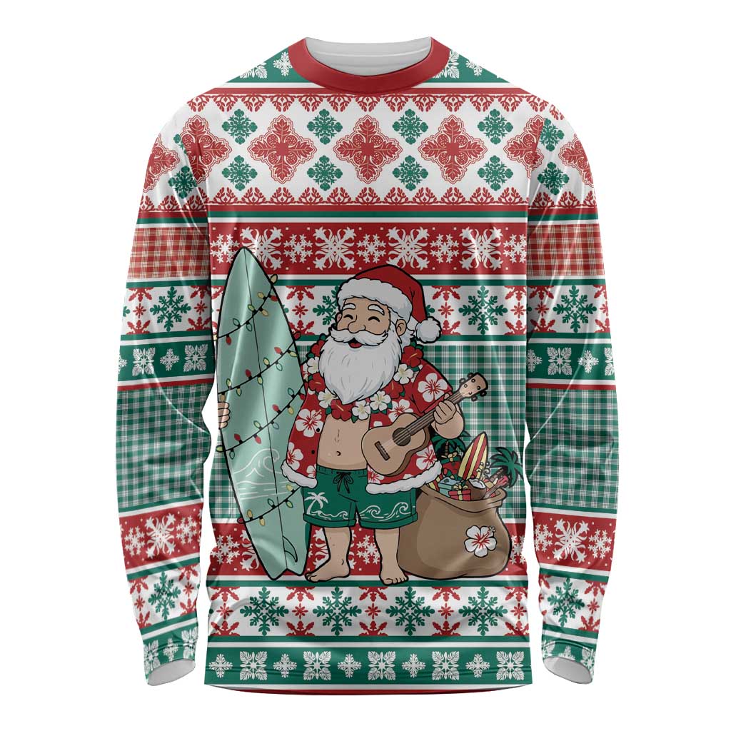 Hawaiian Funny Santa Surf Long Sleeve Shirt Mele Kalikimaka Palaka Quilt Pattern - Polynesian Pride