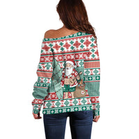 Hawaiian Funny Santa Surf Off Shoulder Sweater Mele Kalikimaka Palaka Quilt Pattern - Polynesian Pride