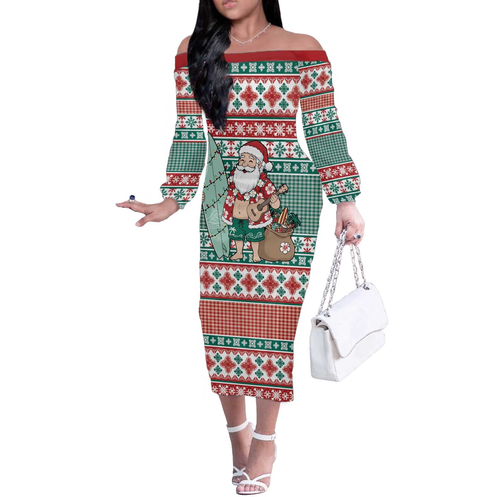 Hawaiian Funny Santa Surf Off The Shoulder Long Sleeve Dress Mele Kalikimaka Palaka Quilt Pattern - Polynesian Pride