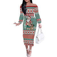 Hawaiian Funny Santa Surf Off The Shoulder Long Sleeve Dress Mele Kalikimaka Palaka Quilt Pattern - Polynesian Pride