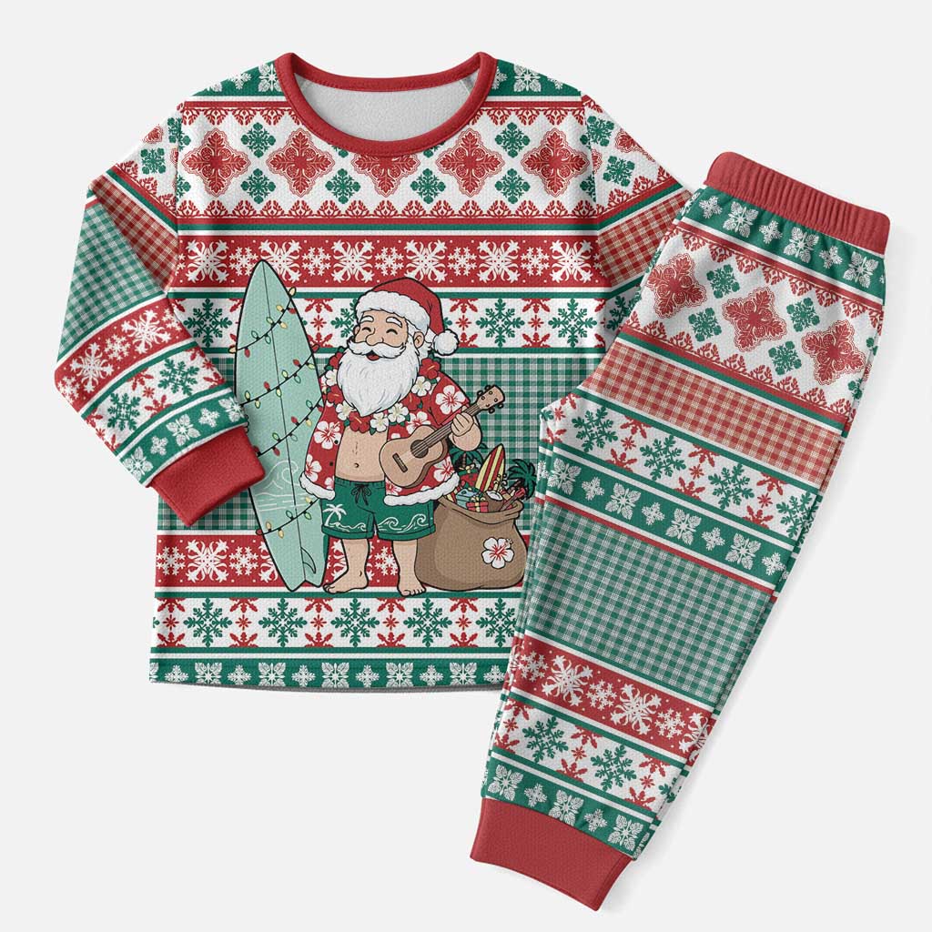 Hawaiian Funny Santa Surf Christmas Pajama Set Mele Kalikimaka Palaka Quilt Pattern - Polynesian Pride