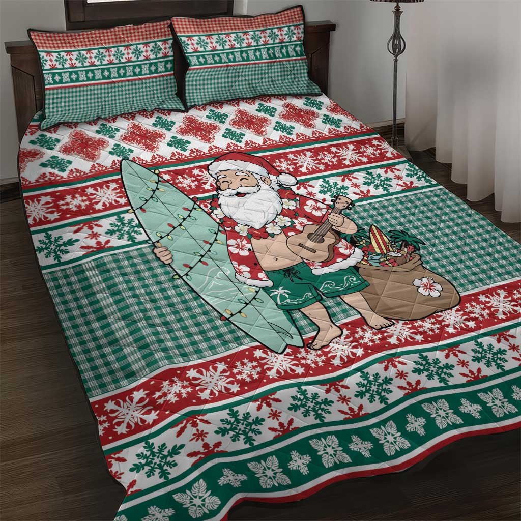 Hawaiian Funny Santa Surf Quilt Bed Set Mele Kalikimaka Palaka Quilt Pattern - Polynesian Pride